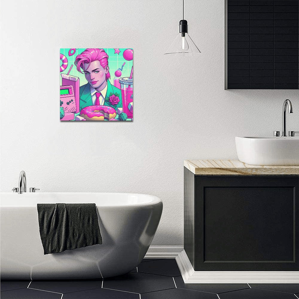 90s Pink and Green Aesthetic Icons Framed Canvas Print 12"x12"