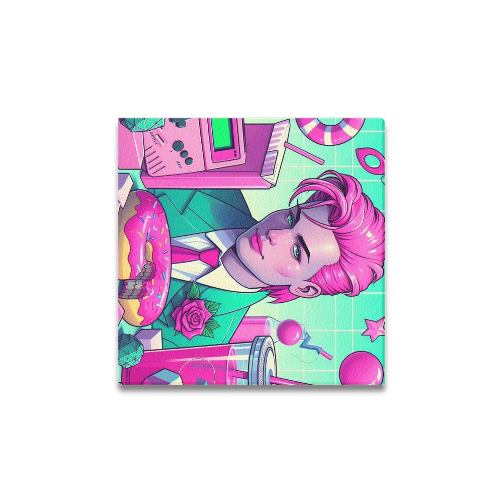 90s Pink and Green Aesthetic Icons Framed Canvas Print 12"x12"