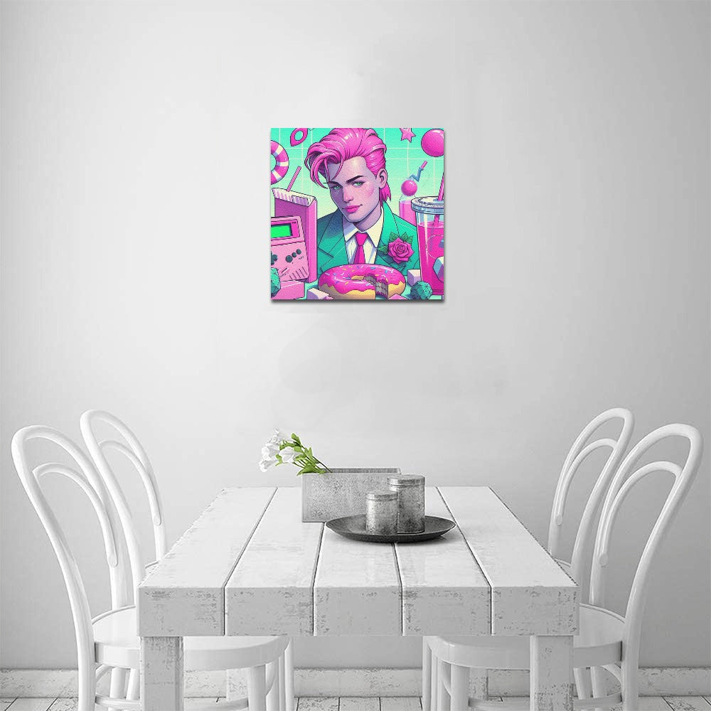 90s Pink and Green Aesthetic Icons Framed Canvas Print 12"x12"