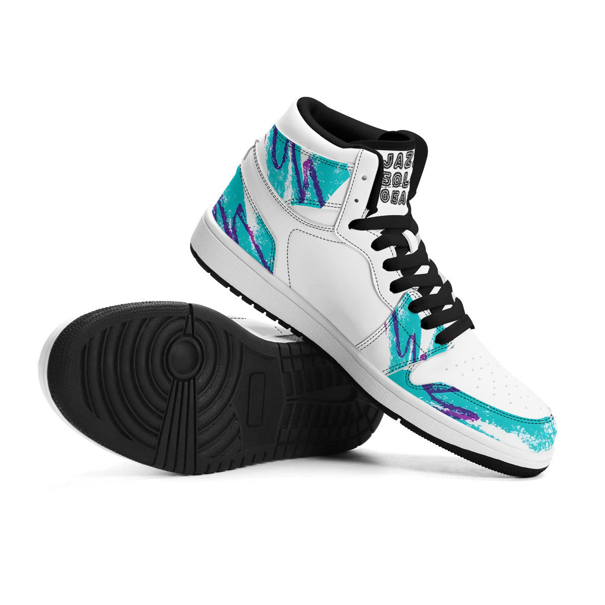 90s Jazz Solo Paper Cup Pattern Synthetic Leather High Top Sneakers w/Logo