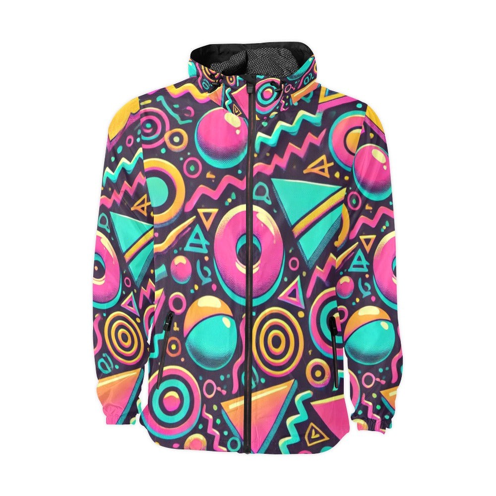 Neon Retro 90s Pattern Unisex Hooded Windbreaker