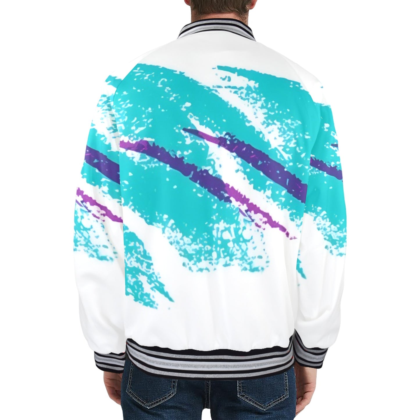 90s Jazz Solo Paper Cup Pattern Men's Striped Trim Bomber Jacket