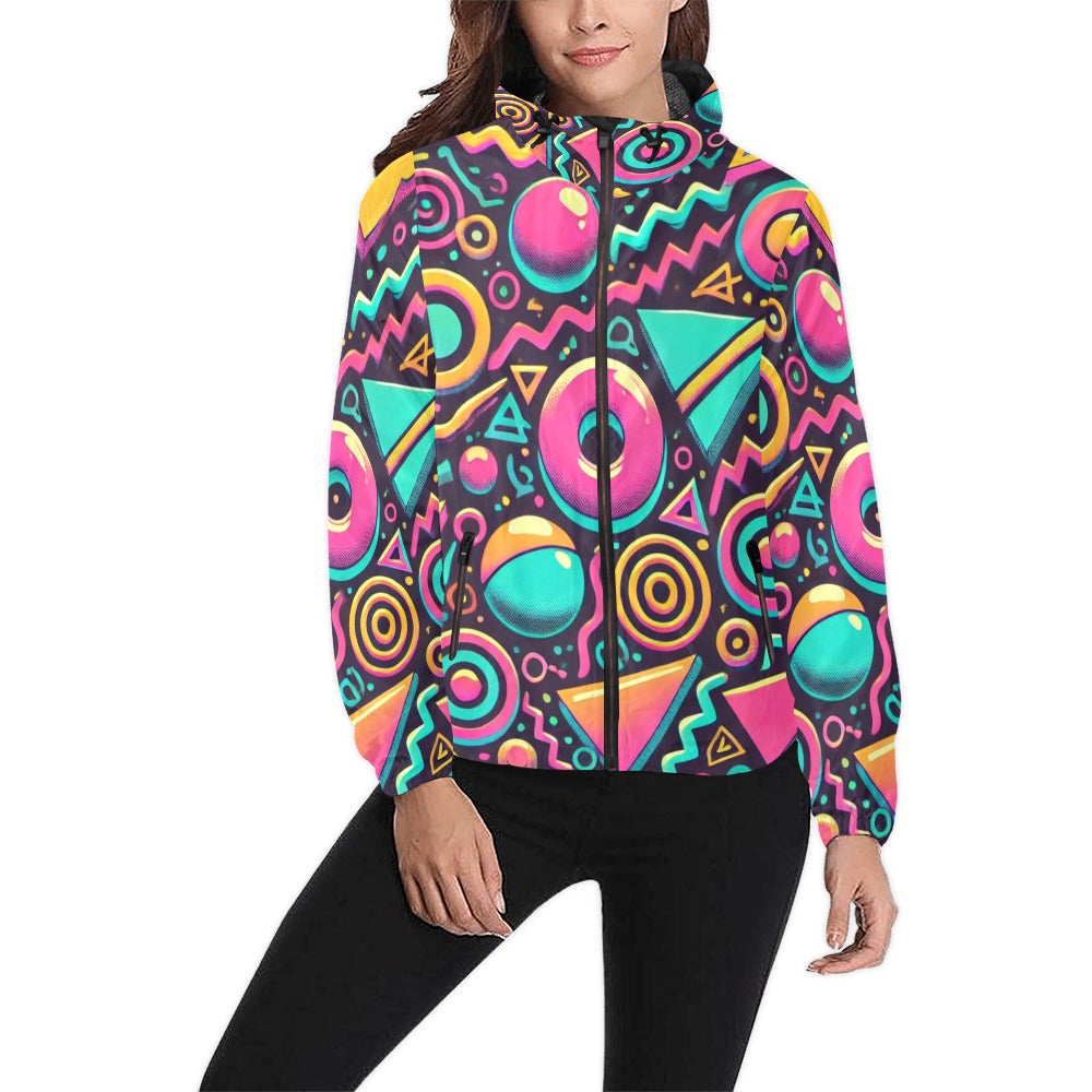 Neon Retro 90s Pattern Unisex Hooded Windbreaker