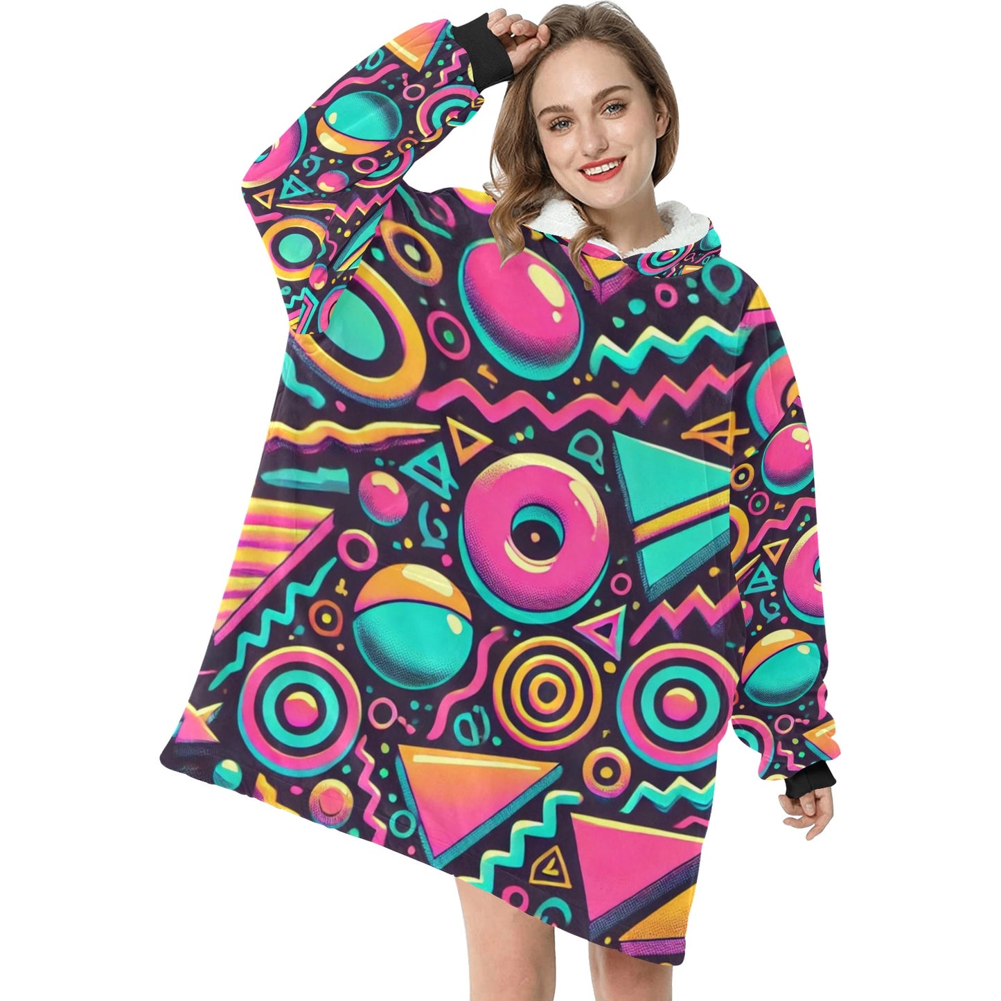 Neon Retro 90s Pattern Blanket Hoodie for Women