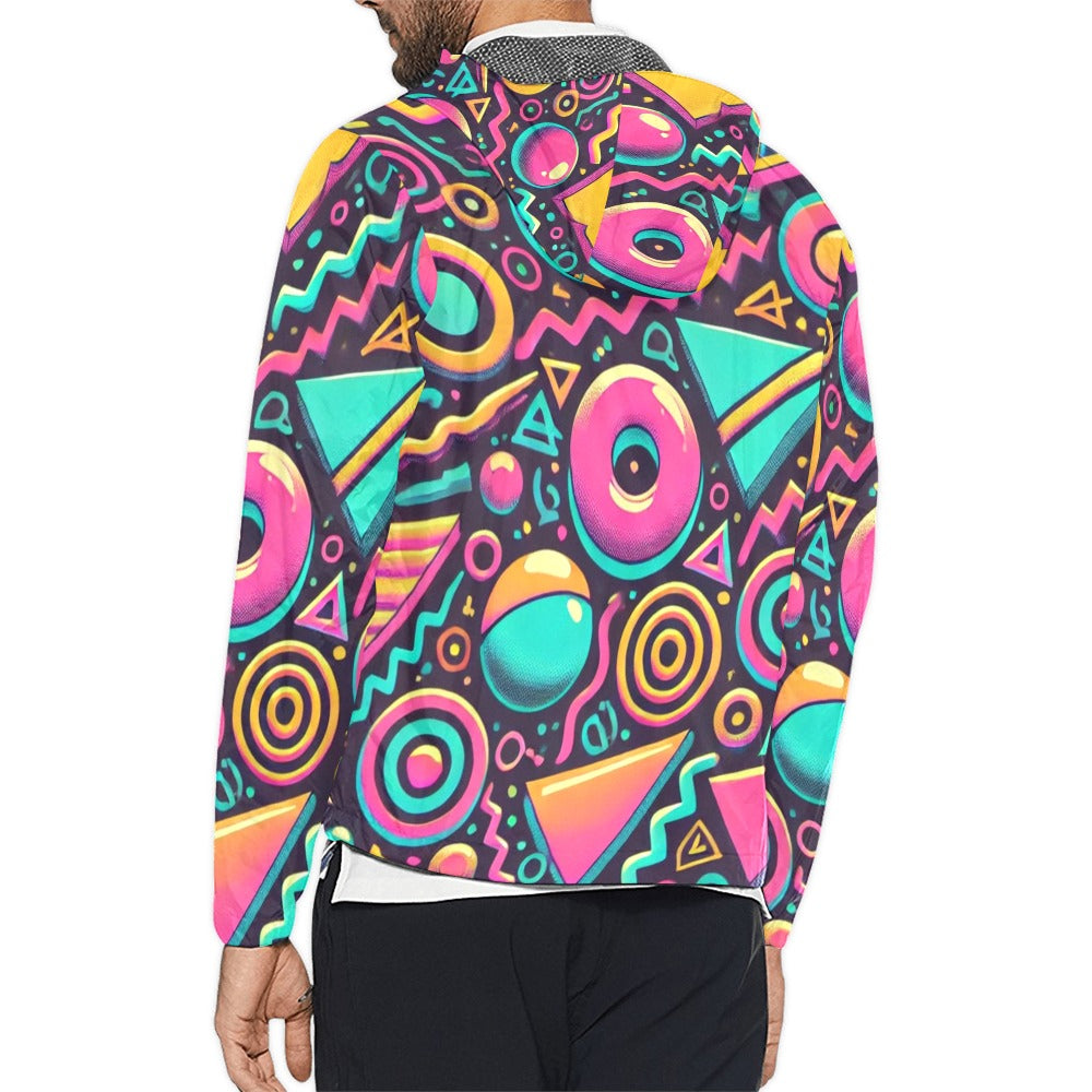 Neon Retro 90s Pattern Unisex Hooded Windbreaker