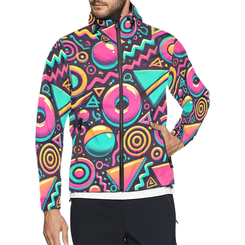 Neon Retro 90s Pattern Unisex Hooded Windbreaker