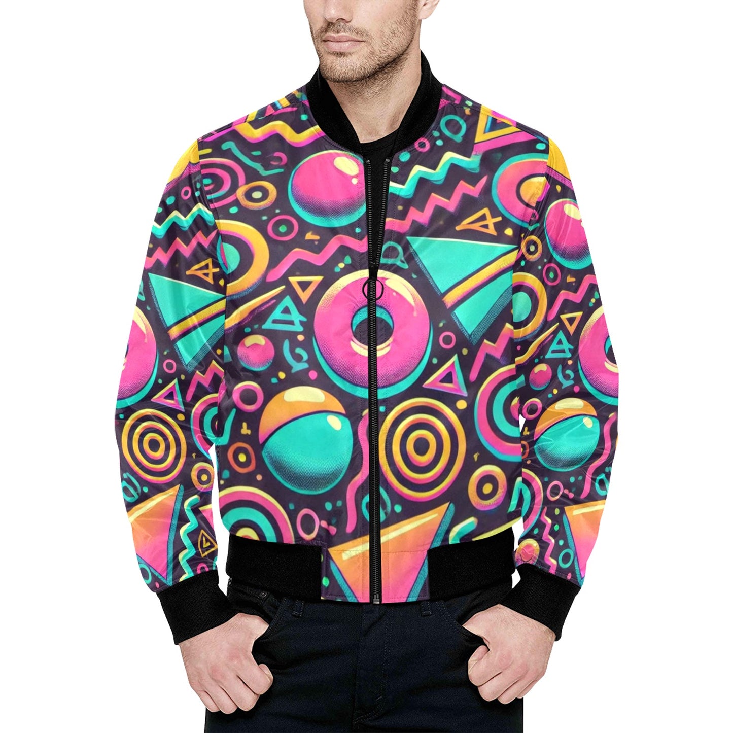 Neon Retro 90s Pattern Quilted Bomber Jacket for Men