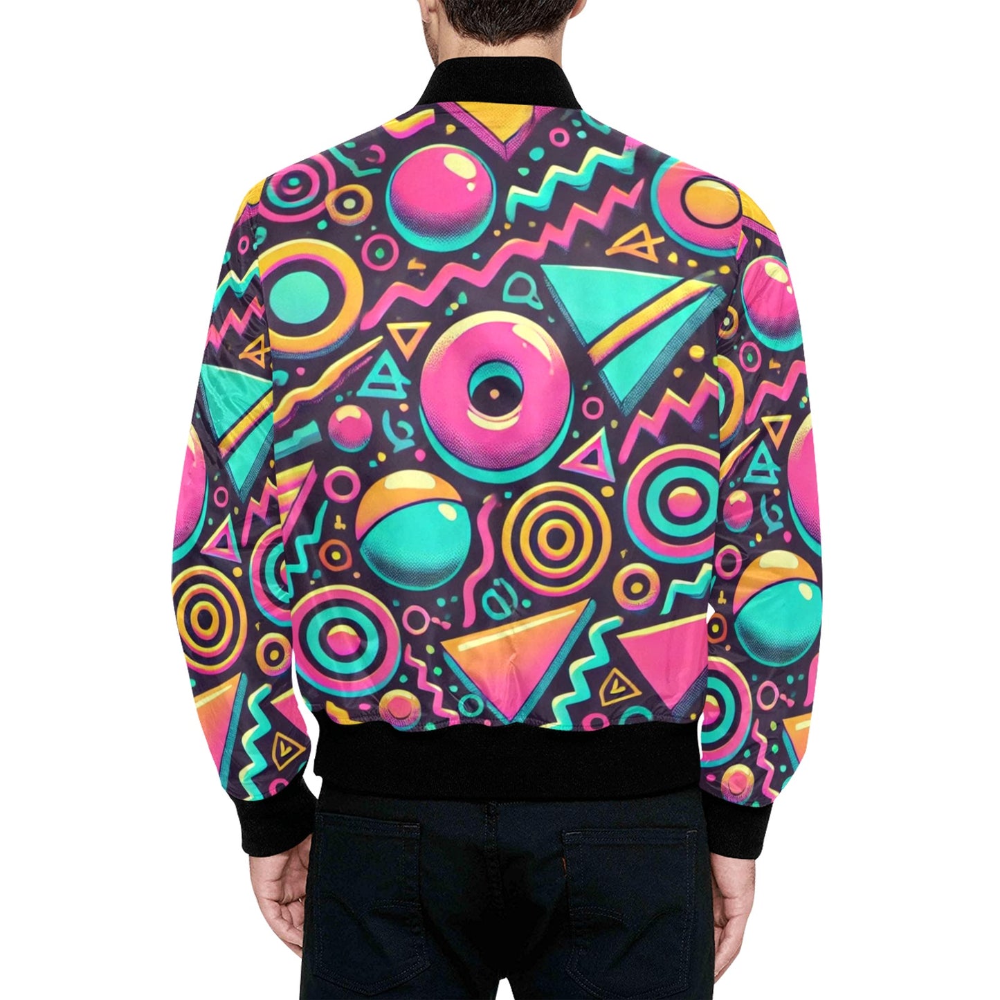 Neon Retro 90s Pattern Quilted Bomber Jacket for Men